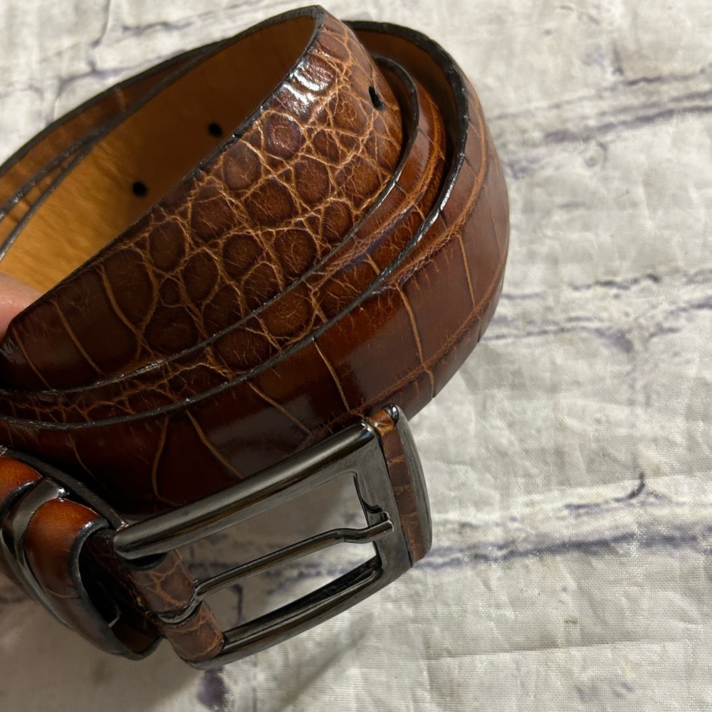 TULLIANI ITALIAN CALFSKIN REDDISH BROWN CROC PRINT GUNMETAL BUCKLE MENS BELT 36